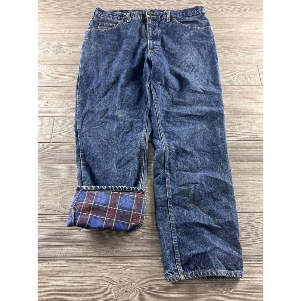 OshKosh Bgosh Mens Flannel Lined Blue Denim Jeans Plaid Lined Workwear 37x29